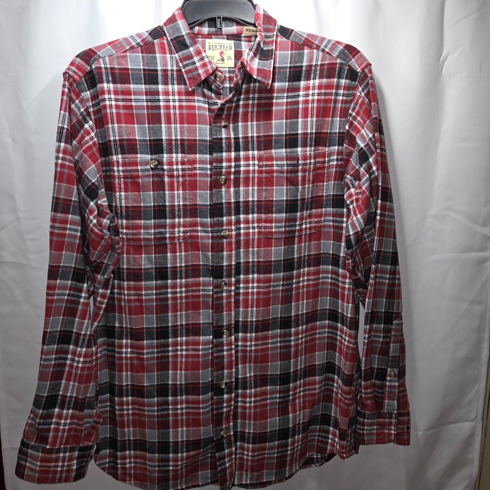 Men's Red Head Brand Co Red Plaid Flannel Button‎ Down Long Sleeve Large TALL
